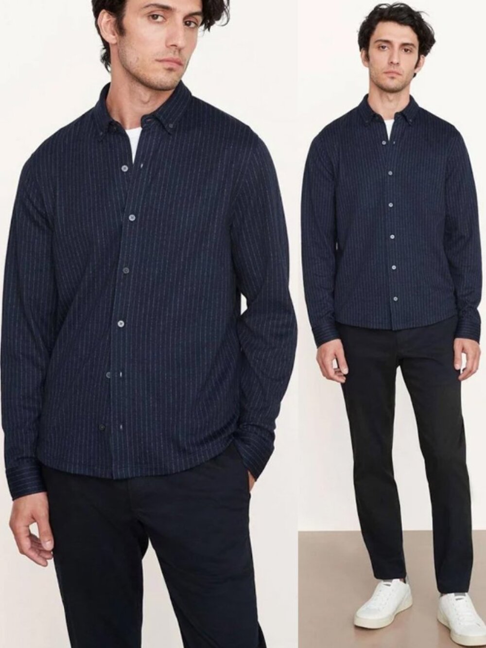 Vince Men's S Vertical Stripe Button Down Sports Shirt Coastal Carbon Blue $225